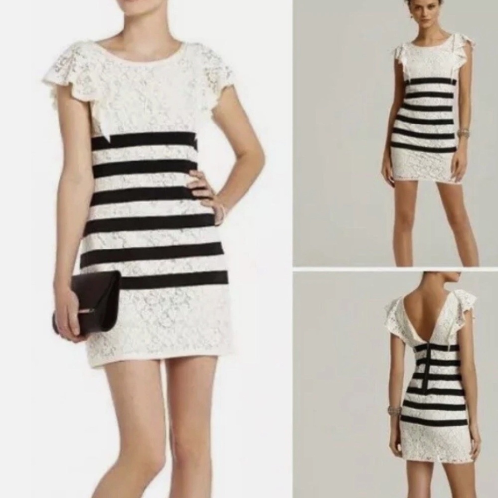 BCBGMaxAzria Cream & Black Floral Striped Romantic Coquette Lace Dress Size 12
